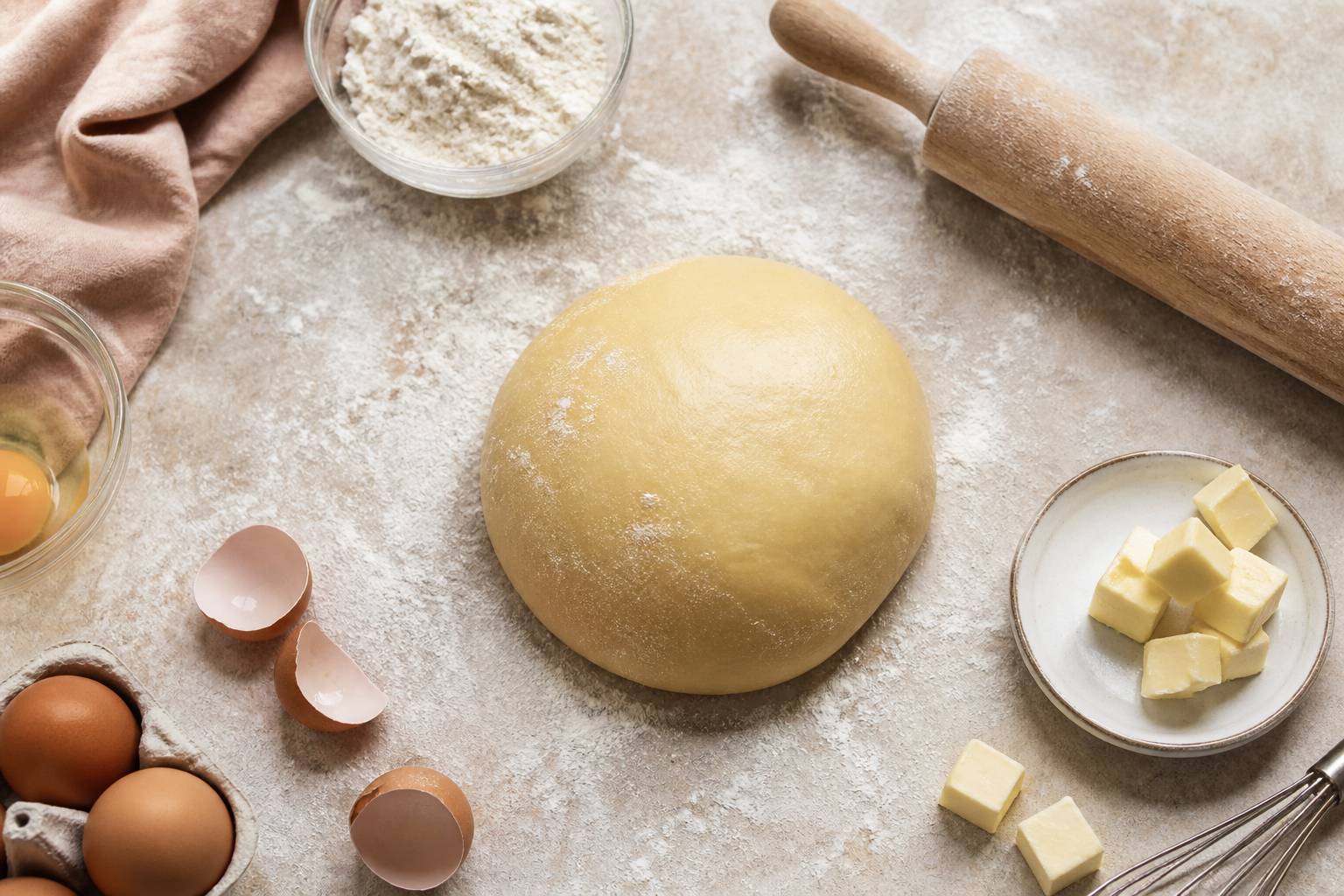 Boule de pâte à brioche pétrie sur un plan de travail fariné de farine de gruau