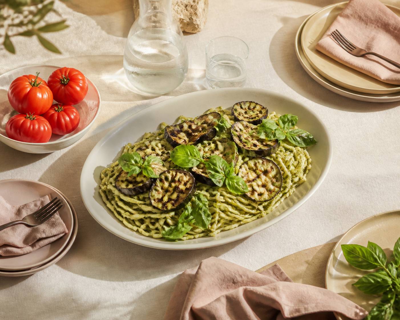 Plat de pâtes au pistou avec tomates et aubergines sur une table estivale