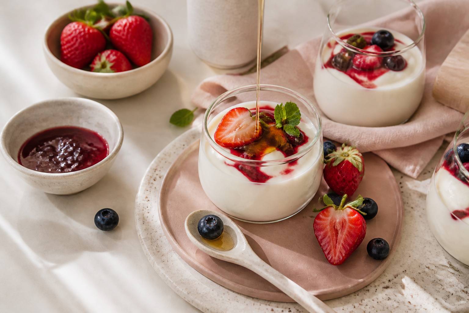 Petits-suisses maison avec coulis de fruits rouges et miel en flat-lay