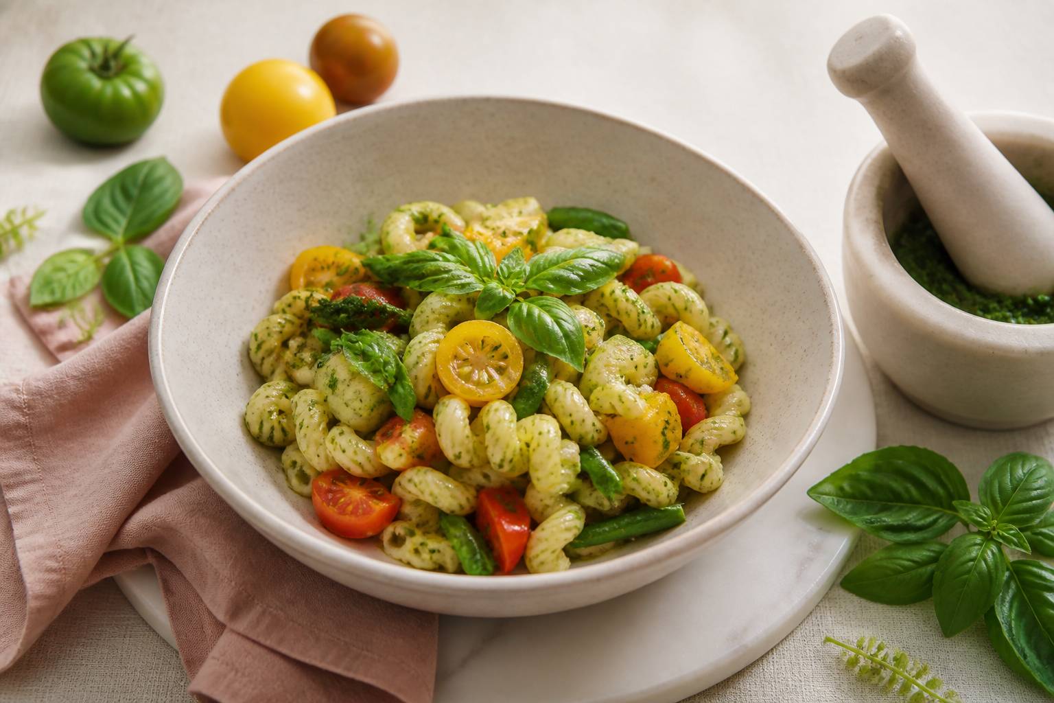 Bol de pâtes au pistou avec basilic frais et légumes de saison