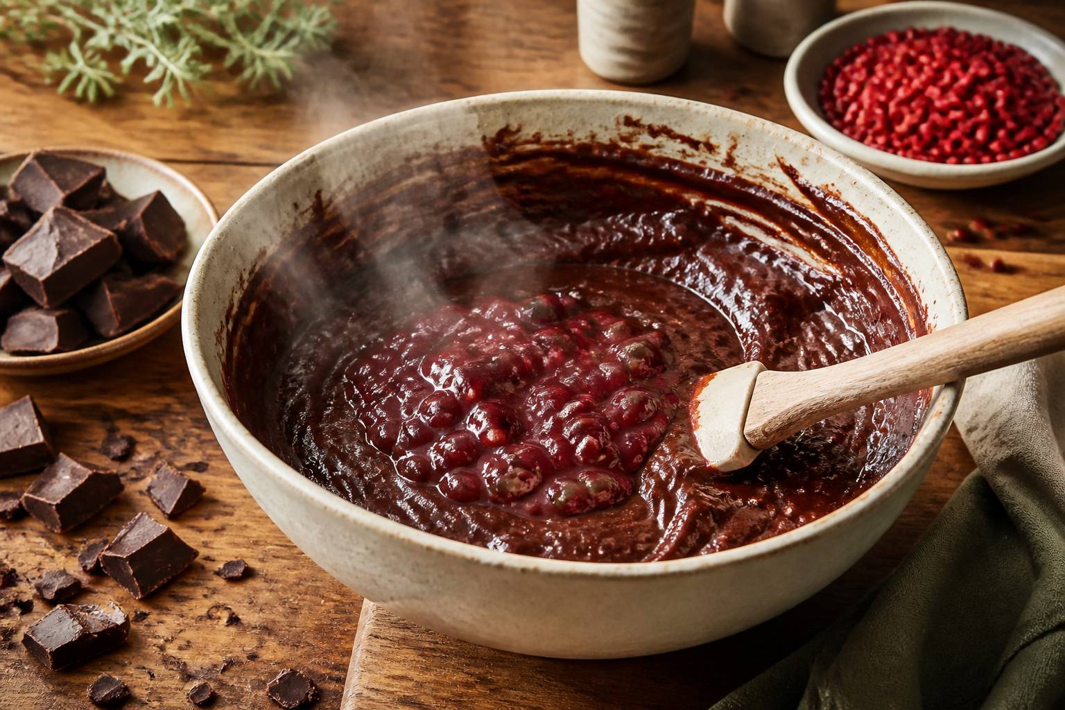Bol de pâte à brownie avec purée de haricots rouges et chocolat