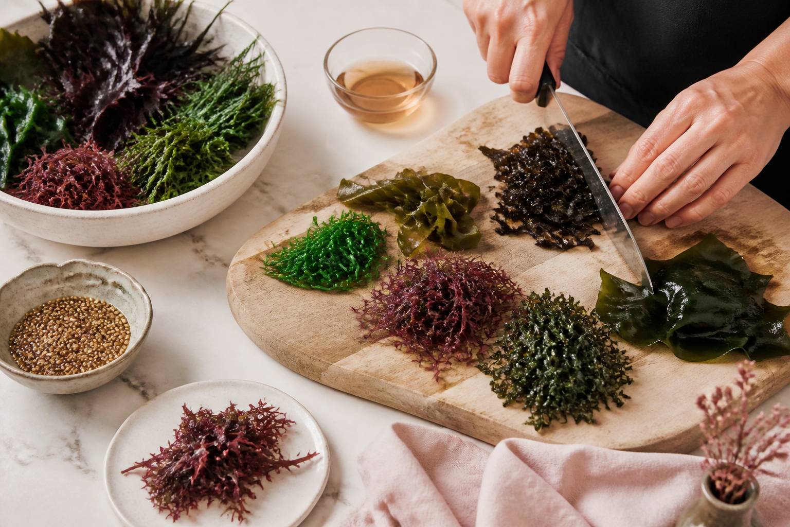 Préparation d'un tartare d'algues avec vinaigre de cidre en cuisine