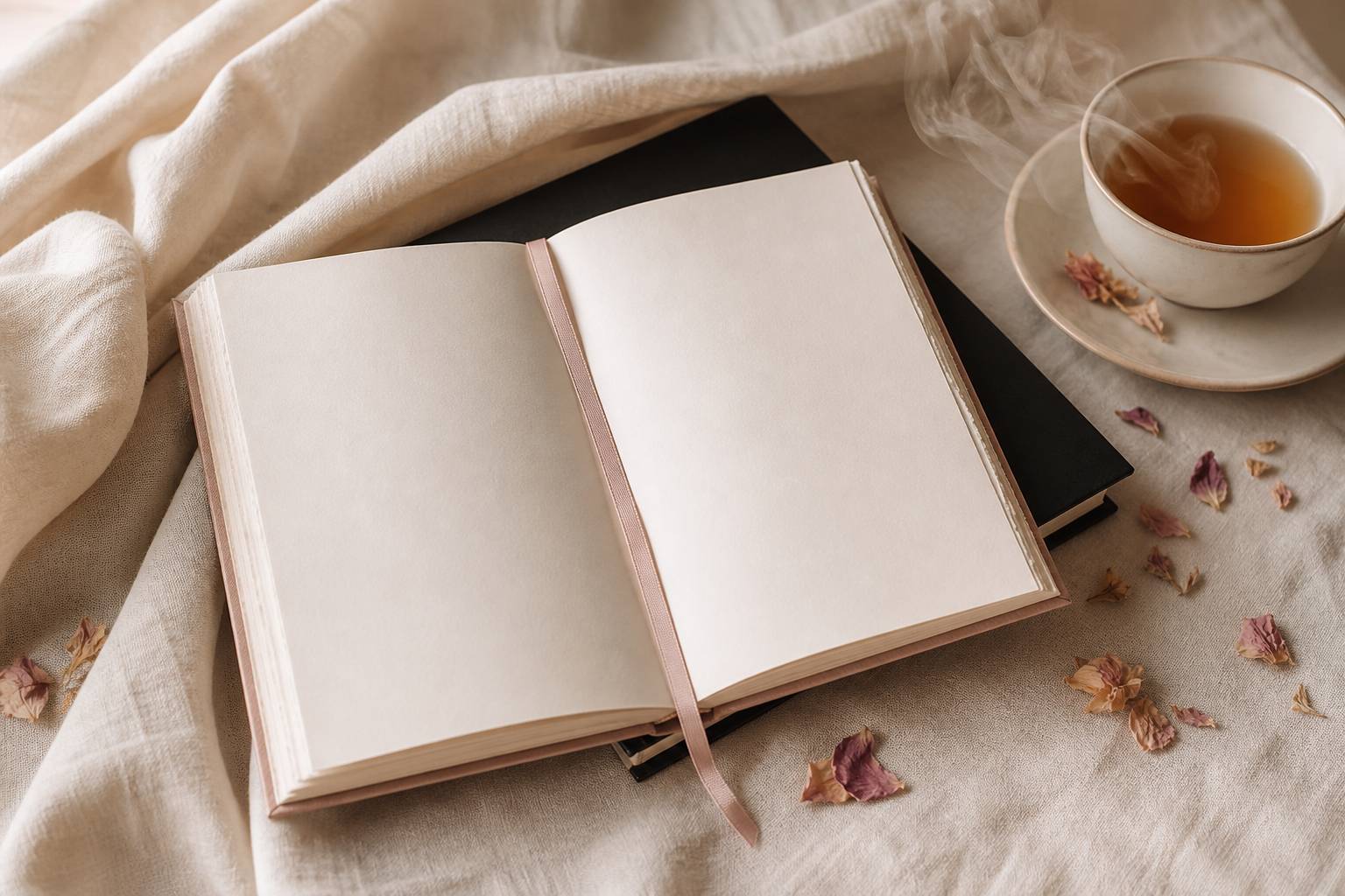 Recueil de poésie ouvert posé sur un drapé de lin ivoire avec tasse de thé et fleurs séchées