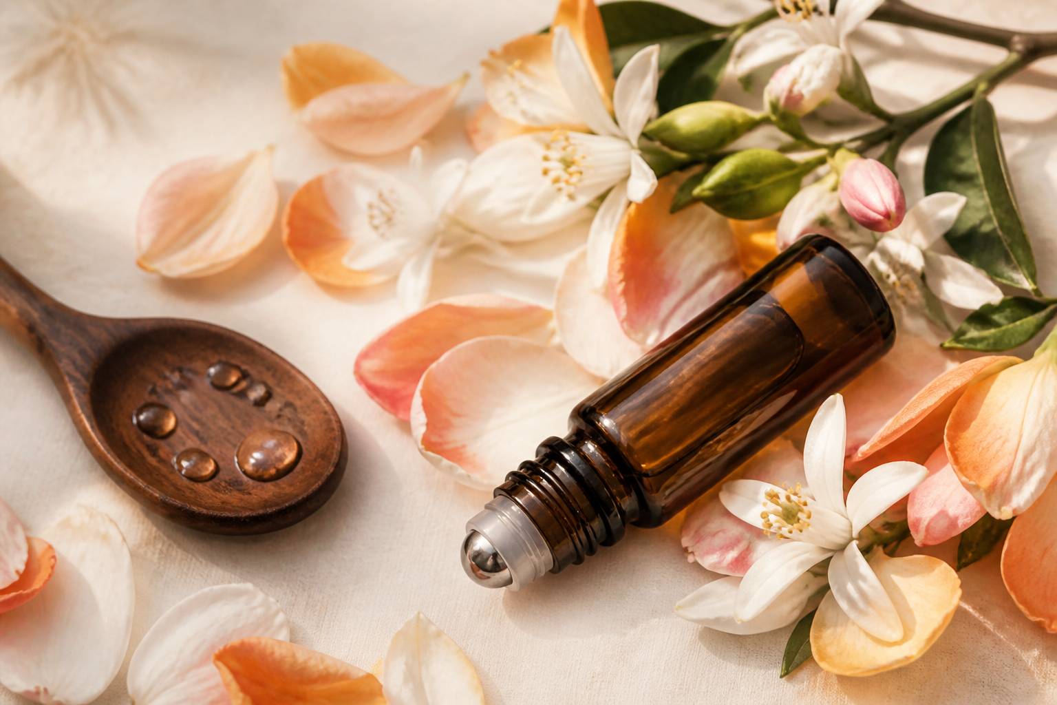 Roll-on en verre ambré posé sur des pétales de fleurs d'oranger