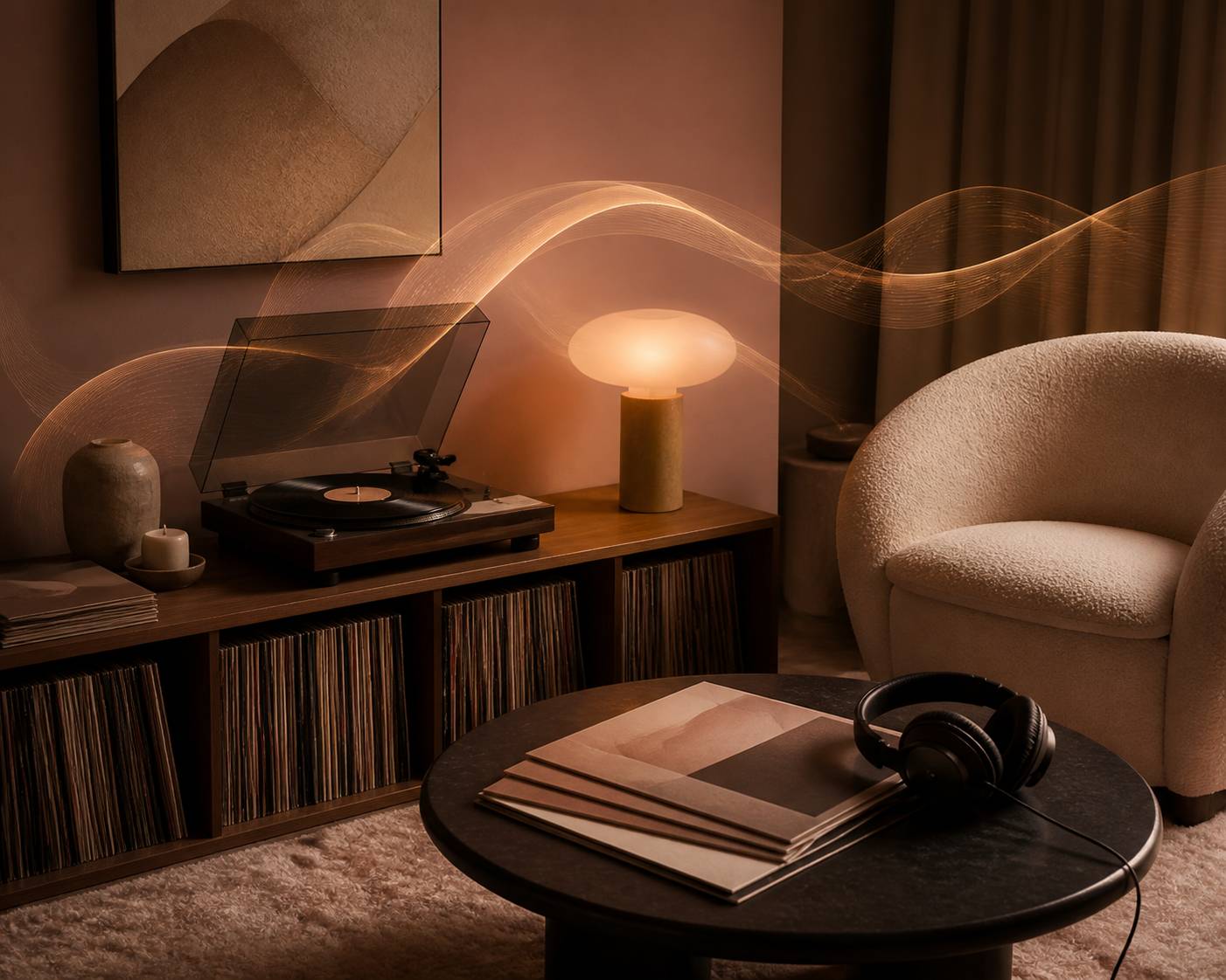 Salon intimiste avec tourne-disque, vinyle en rotation et casque audio posé sous une lampe tamisée