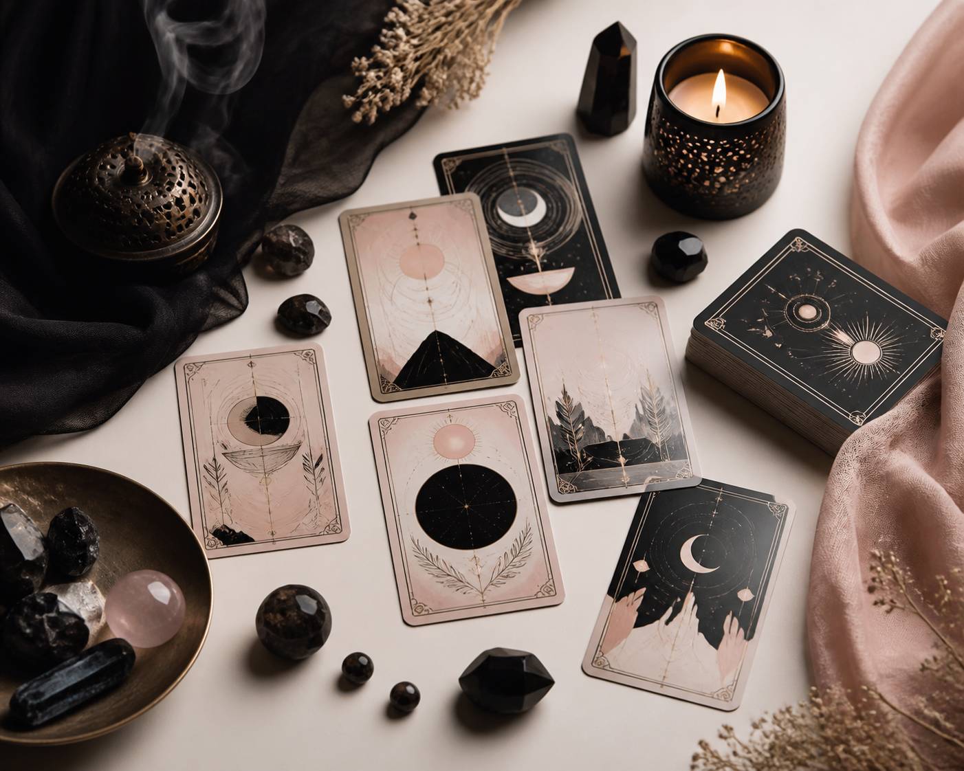 Flat-lay avec cartes de tarot, bougie et cristaux sur un fond ivoire