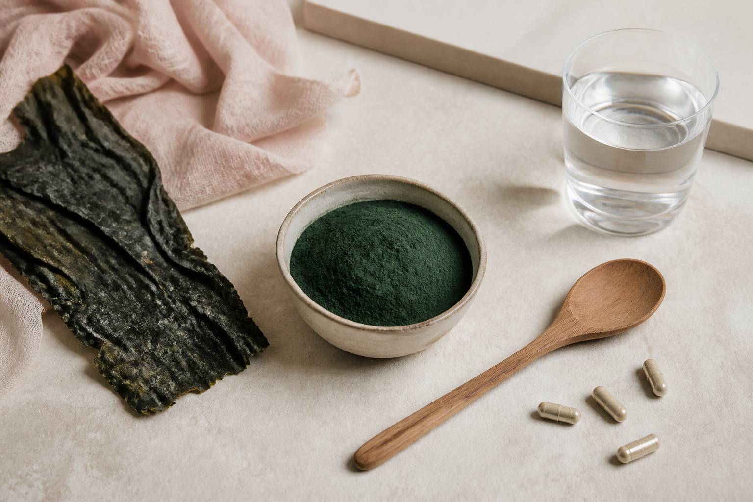 Bol de poudre de spiruline verte avec cuillère en bois et verre d'eau