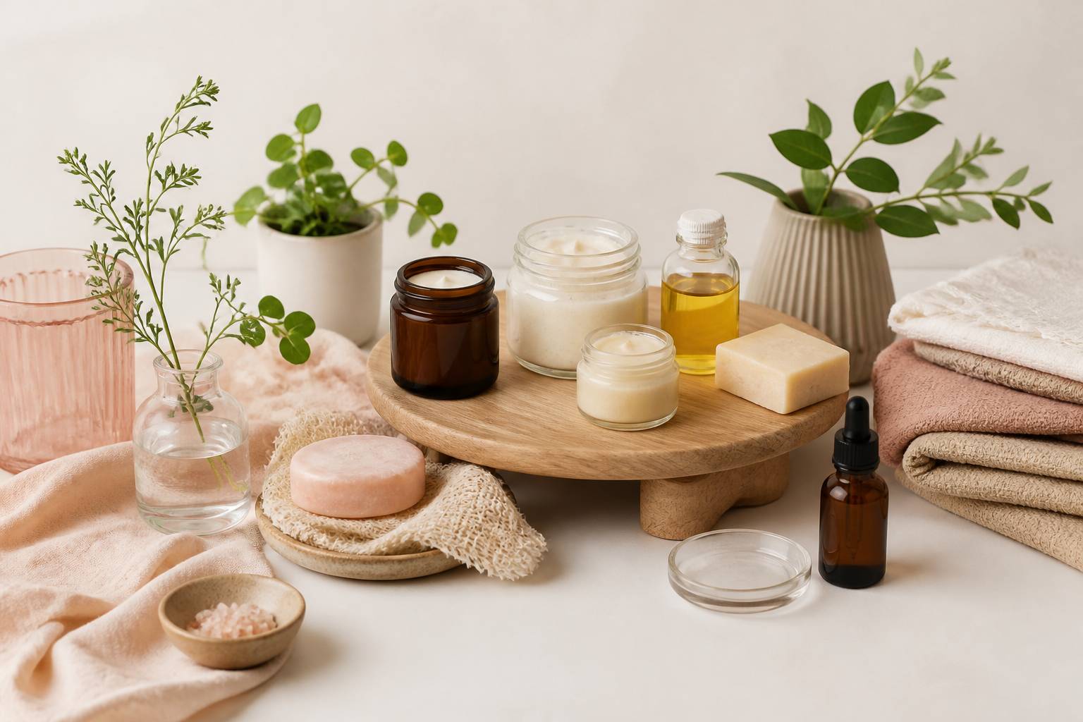 Stand de cosmétiques naturels avec bocaux en verre et savons