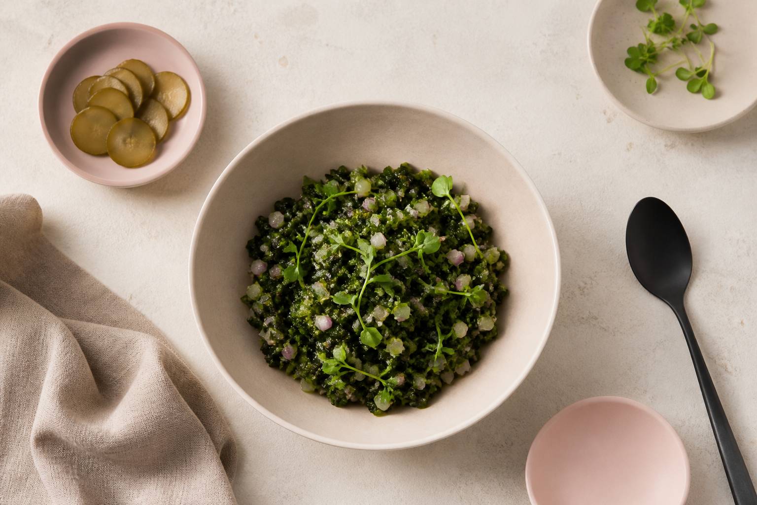 Bol de tartare d'algues frais dressé avec élégance sur une table claire