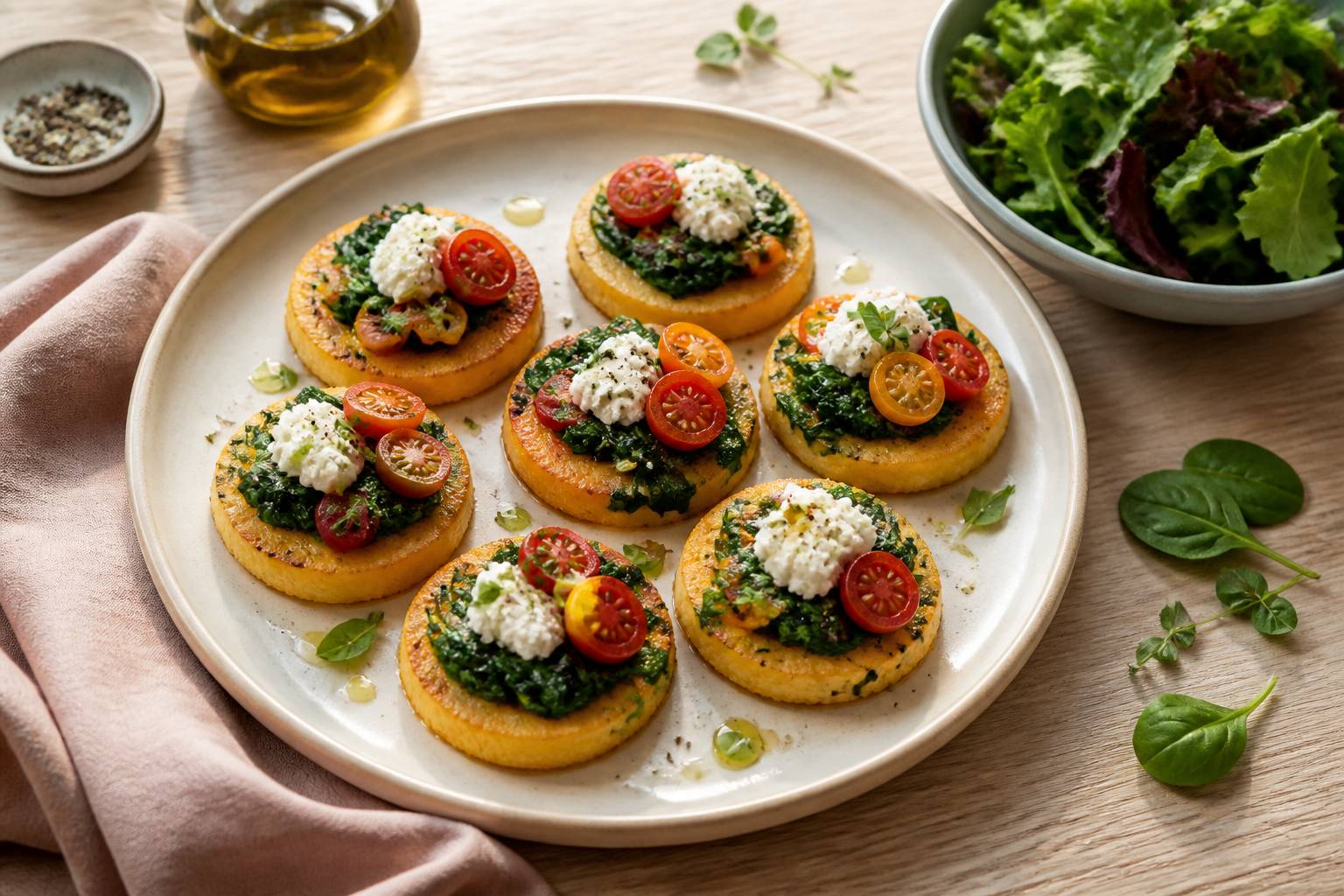 Tartelettes de polenta dorées garnies d'épinards et de fromage de chèvre avec tomates cerises