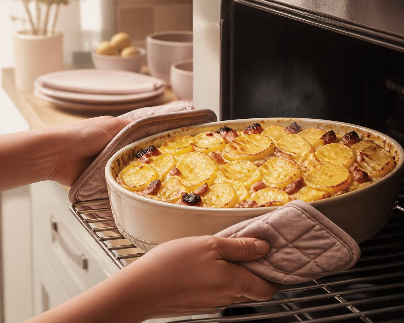 Mains sortant une cocotte de tartiflette gratinée du four
