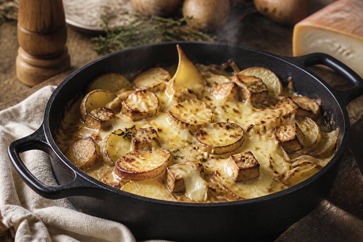 Tartiflette végétarienne gratinée dans une cocotte en fonte