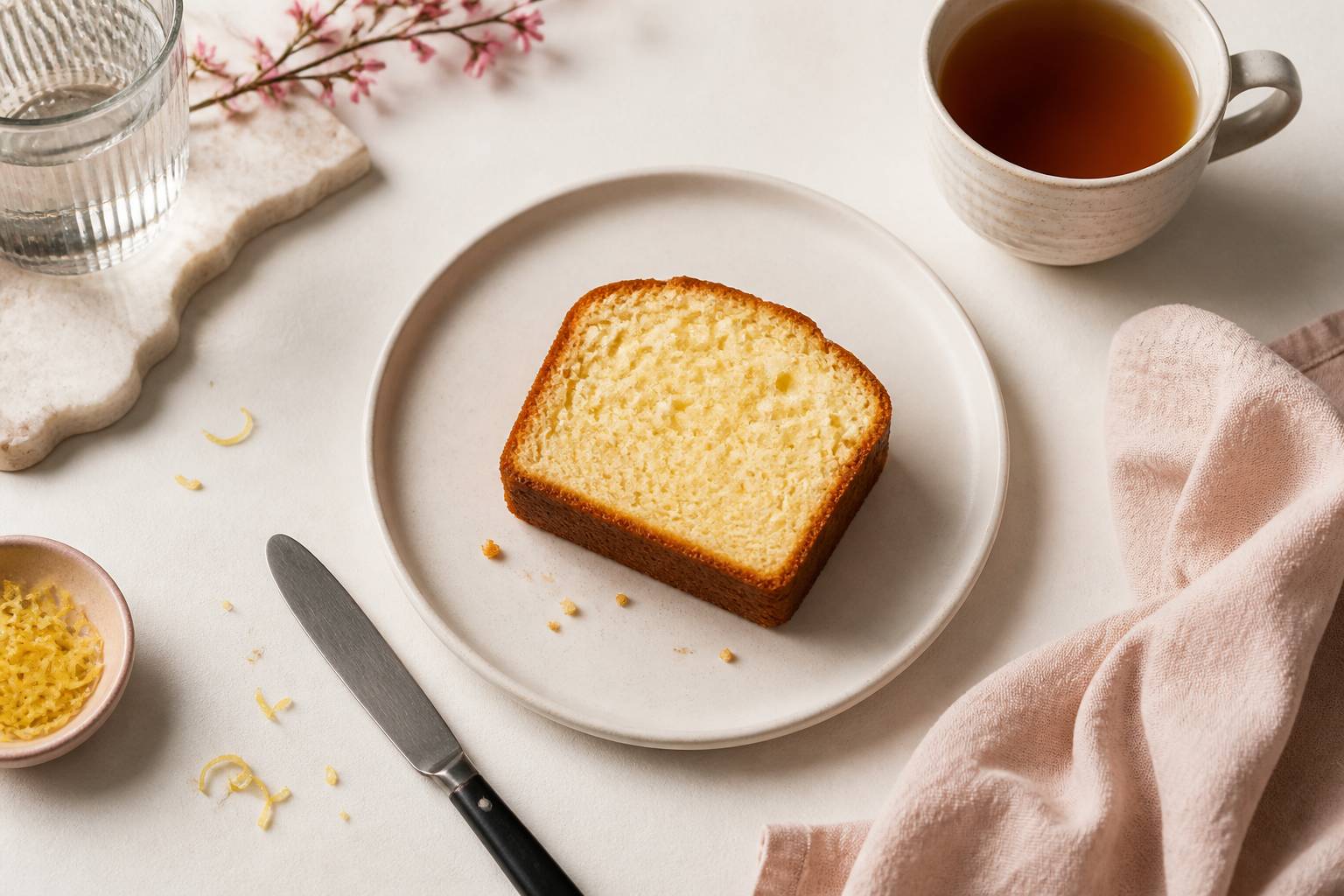 Tranche de cake à la ricotta à la mie moelleuse avec zestes de citron