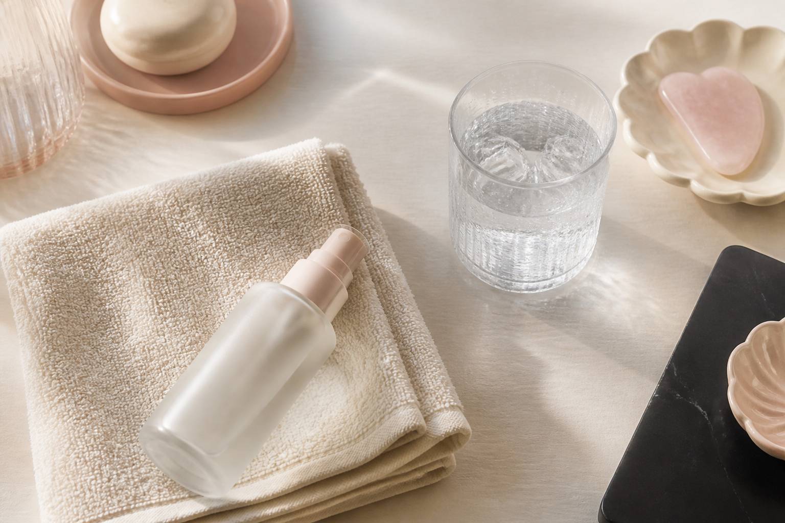 Serviette, verre d'eau fraiche et brume pour apaiser la transpiration faciale