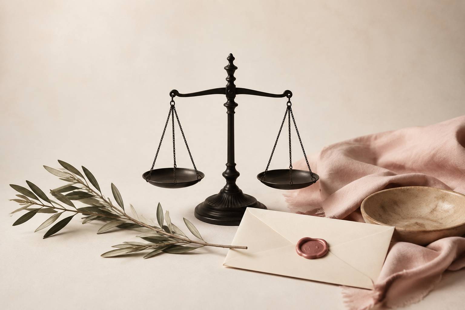 Balance romaine en équilibre avec rameau d'olivier et lettre scellée de cire