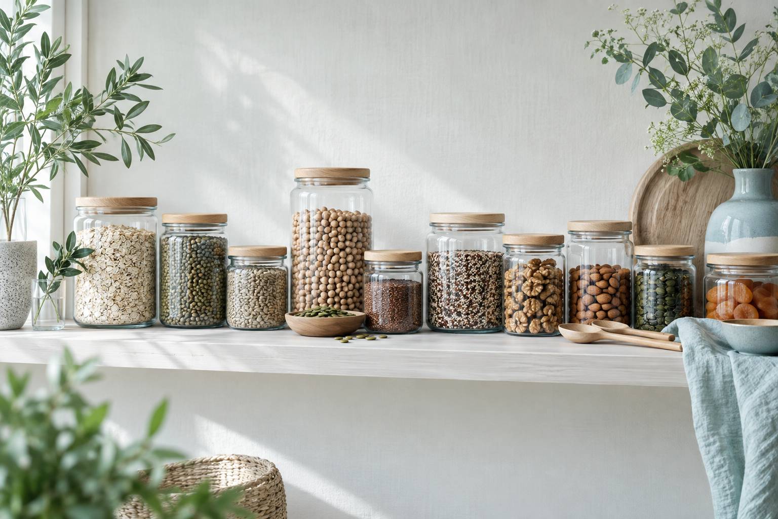 Bocaux de céréales complètes, légumes secs et graines sur une étagère claire
