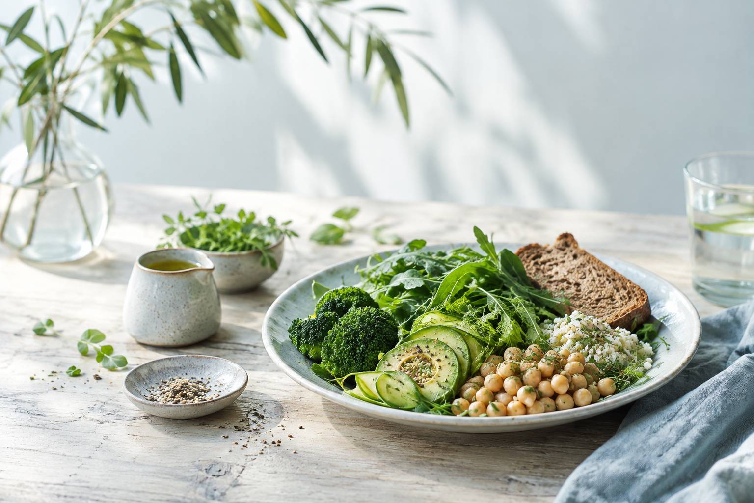 Assiette équilibrée de légumes, légumineuses et pain complet sur table en bois
