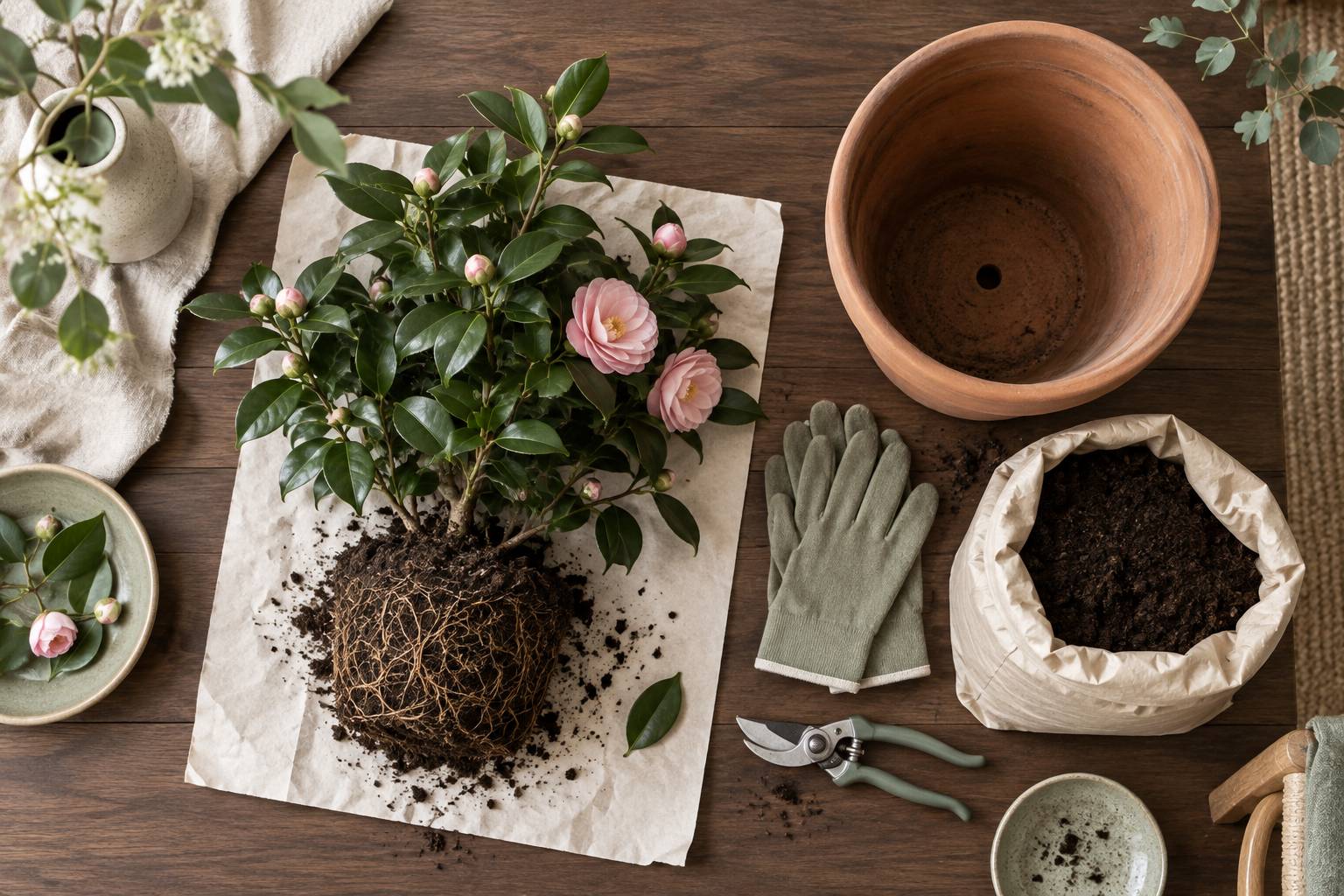 Rempotage d'un cameia avec terre acide et secateur
