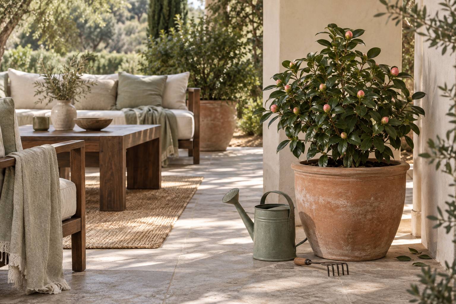 Cameia en boutons dans un grand pot sur une terrasse abritee