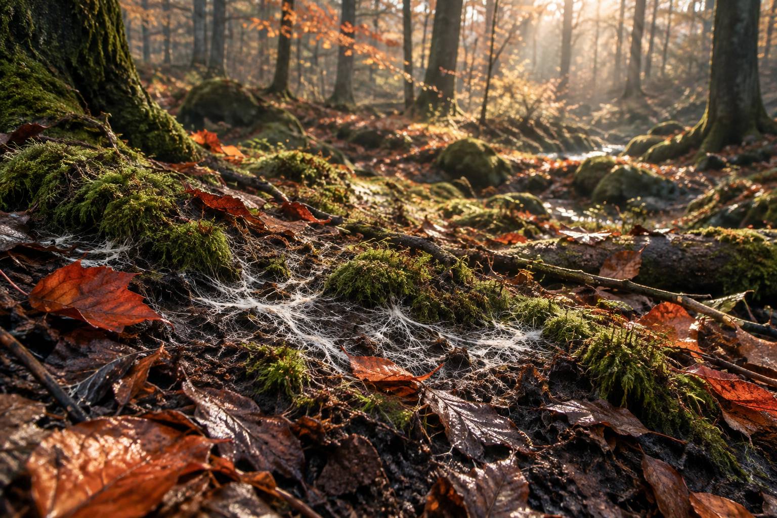 Sol forestier avec mycelium sous la mousse et feuilles decomposees