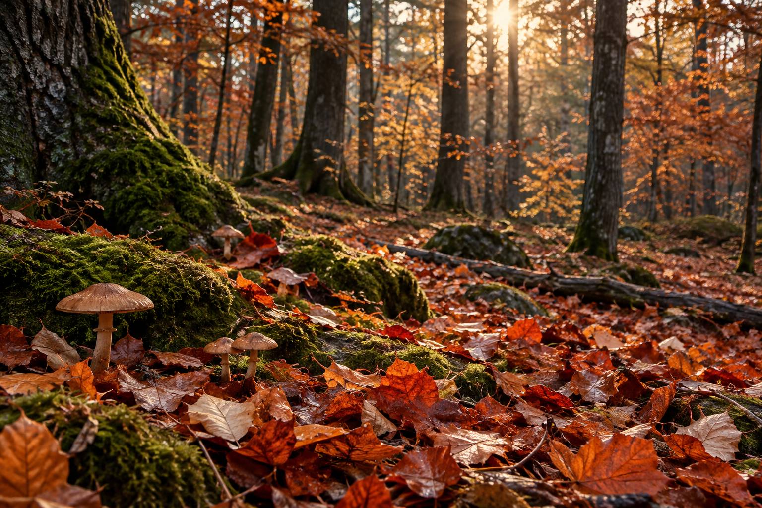 Champignons sur un tapis de feuilles mortes dans un sous-bois d'automne