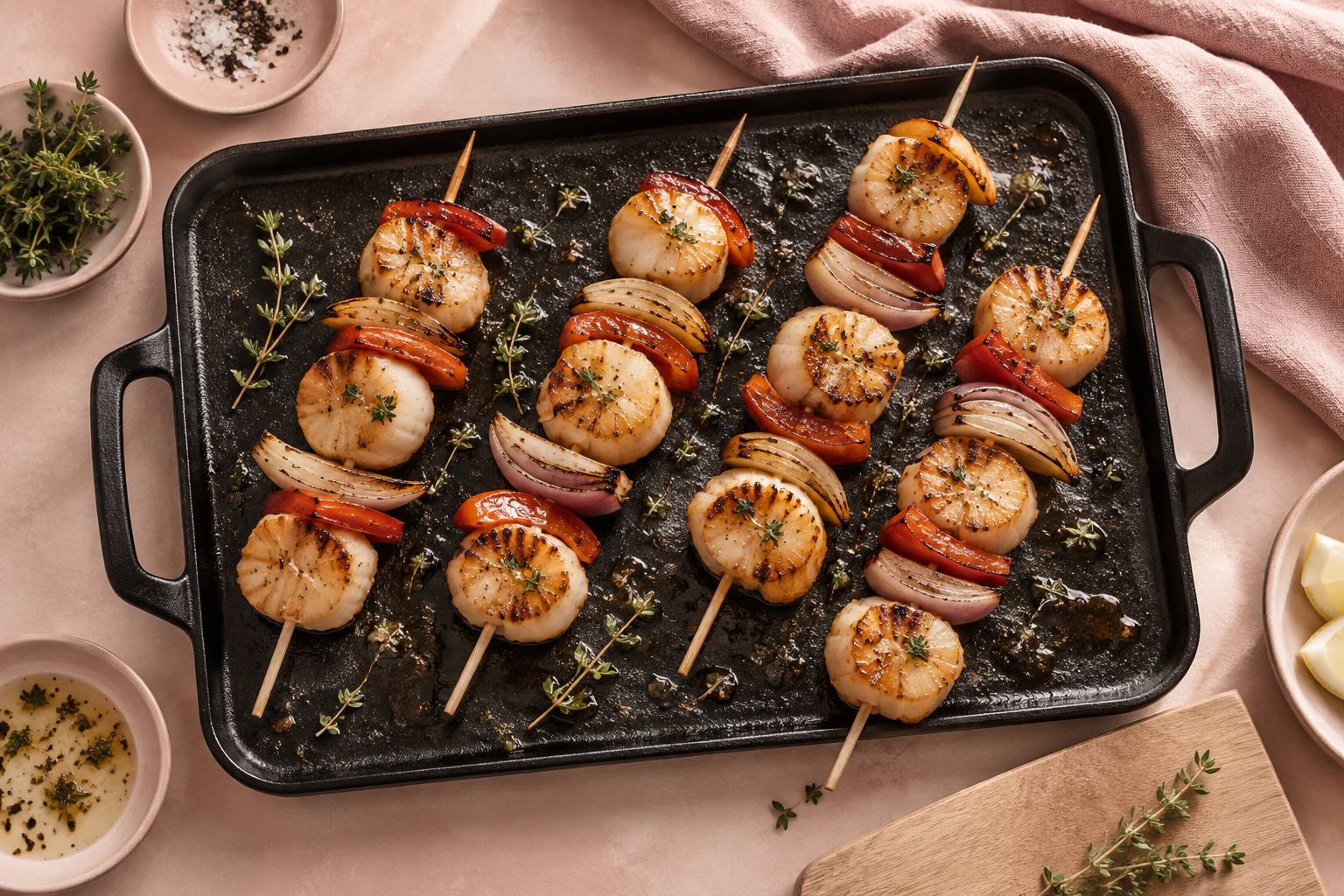 Brochettes de noix de Saint-Jacques grillees avec legumes sur une planche de cuisine
