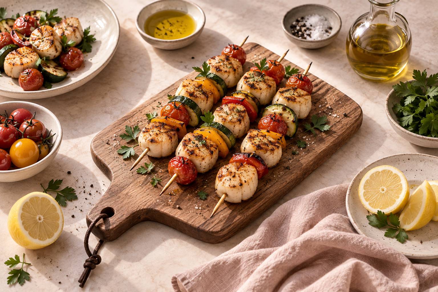 Brochettes de noix de Saint-Jacques grillees avec legumes sur une planche de cuisine