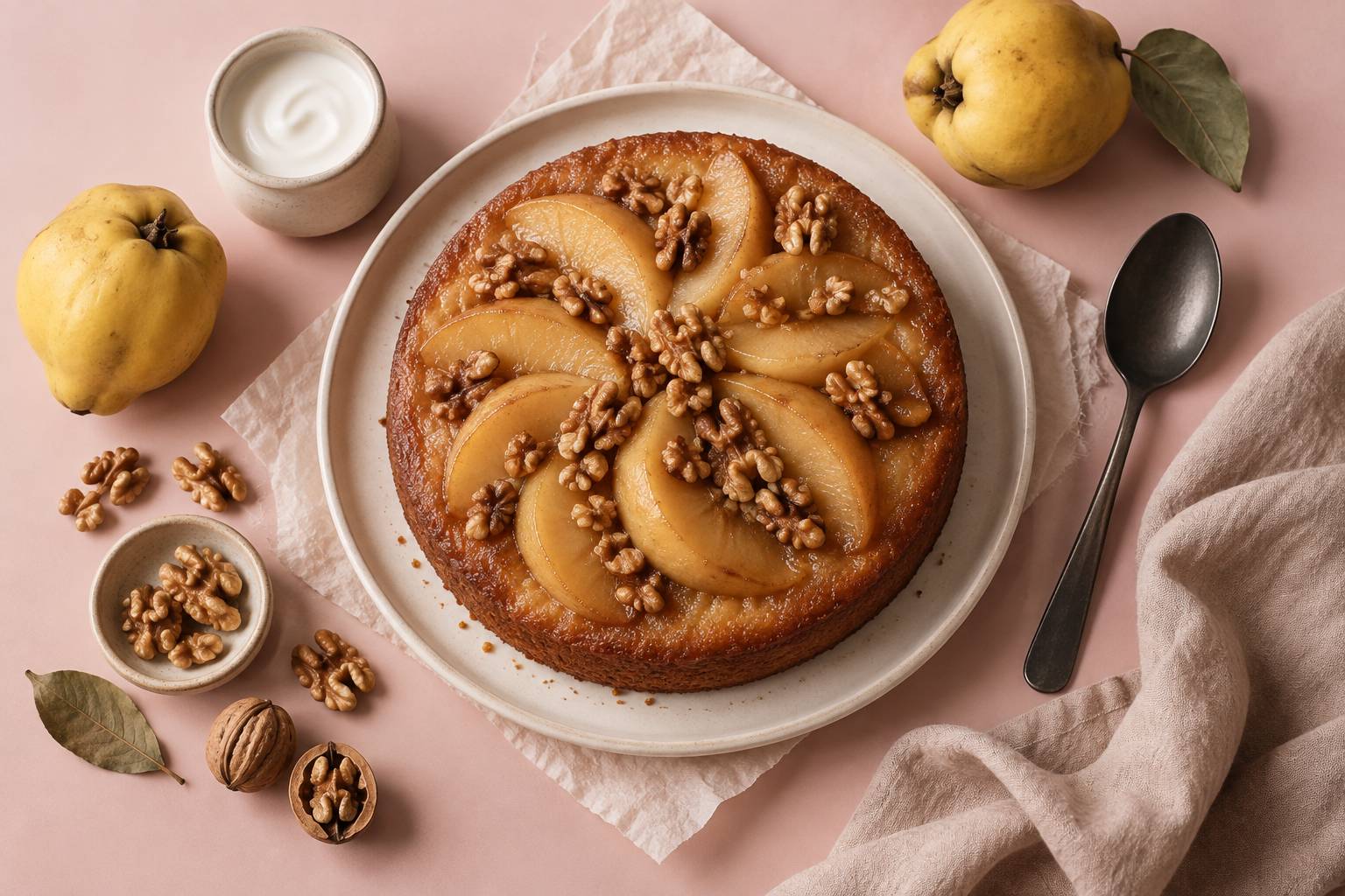 Illustration éditoriale du sujet : Délice automnal : Gâteau au yaourt aux coings fondants et noix caramélisées