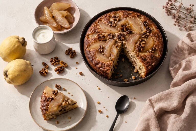 Délice automnal : Gâteau au yaourt aux coings fondants et noix caramélisées