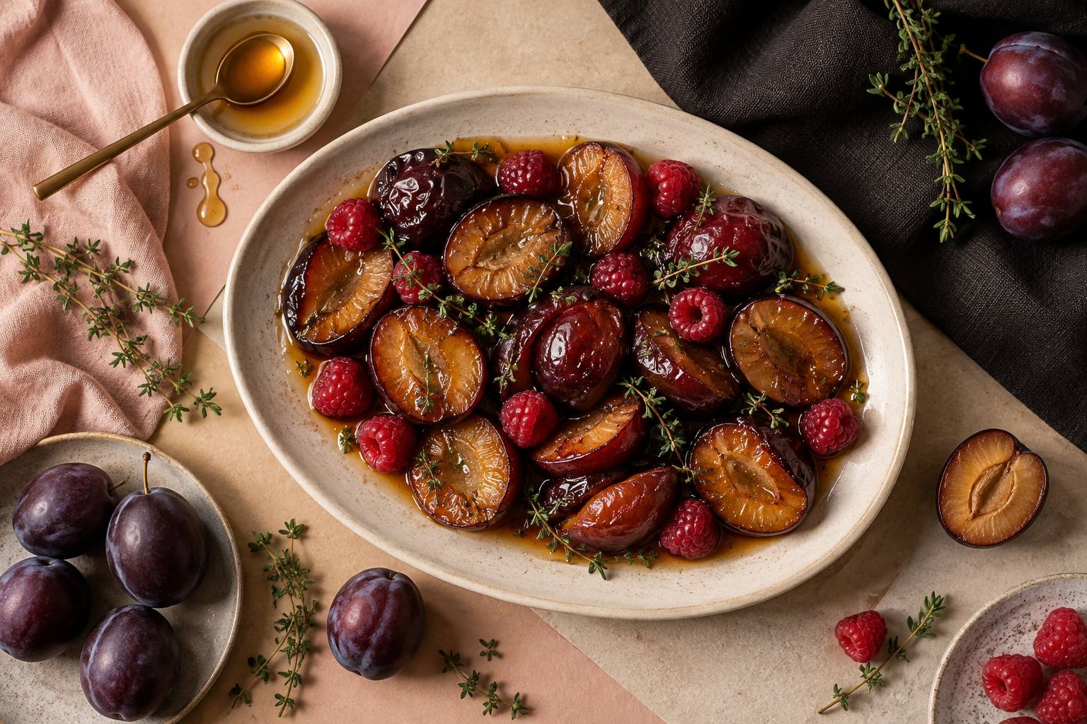 Illustration éditoriale du sujet : Délice de prunes confites au miel parfumé au thym