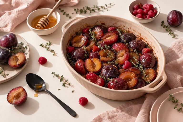 Délice de prunes confites au miel parfumé au thym