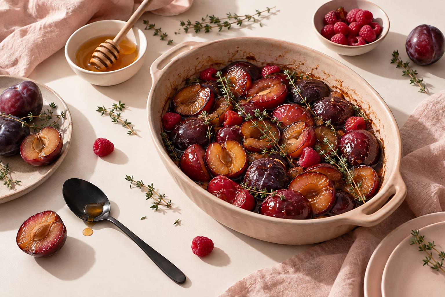 Illustration éditoriale du sujet : Délice de prunes confites au miel parfumé au thym