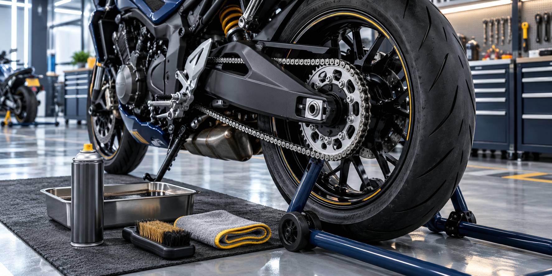 Entretien de la chaine d'une moto avec brosse et chiffon