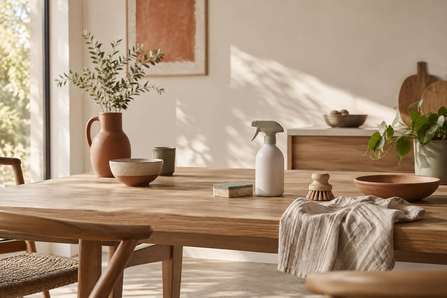 Table de ménage avec pulvérisateur neutre et brosse en bois