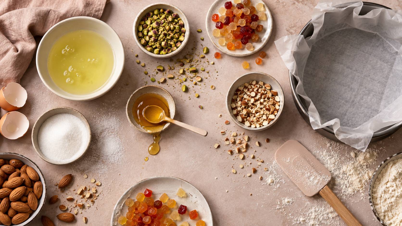 Tranche de nougat glacé aux fruits secs et confits servie sur une assiette claire
