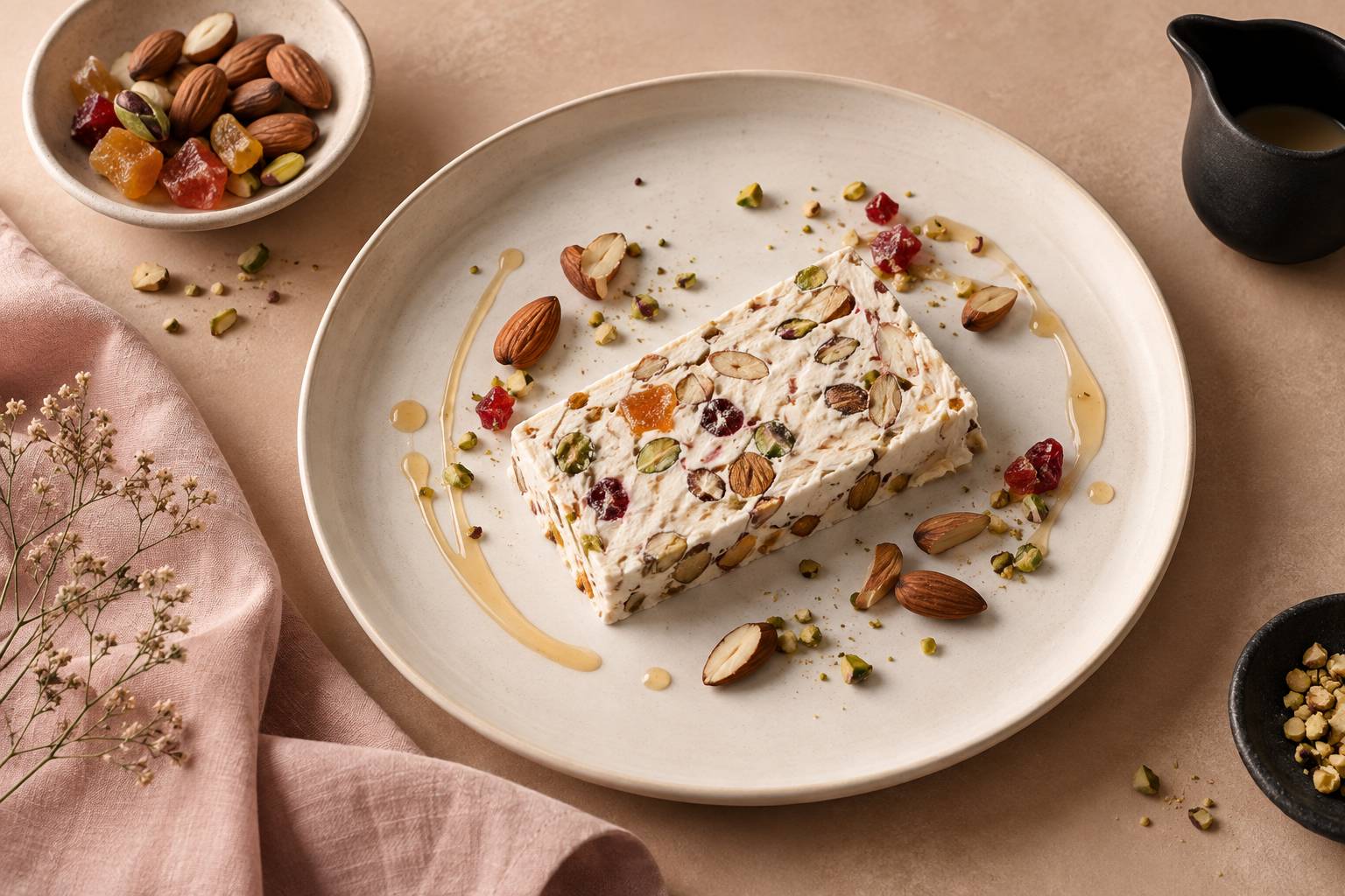 Tranche de nougat glacé aux fruits secs et confits servie sur une assiette claire