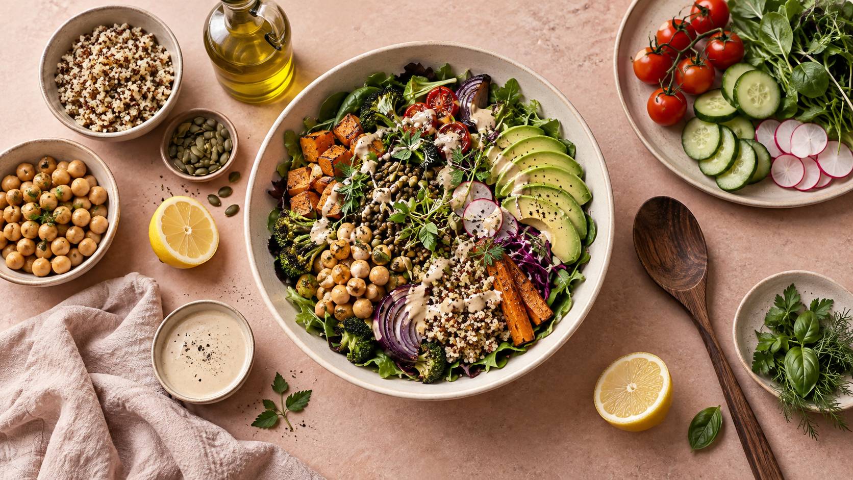 Illustration éditoriale du sujet : Plus de 200 recettes vegan gourmandes : des salades qui nourrissent corps et esprit