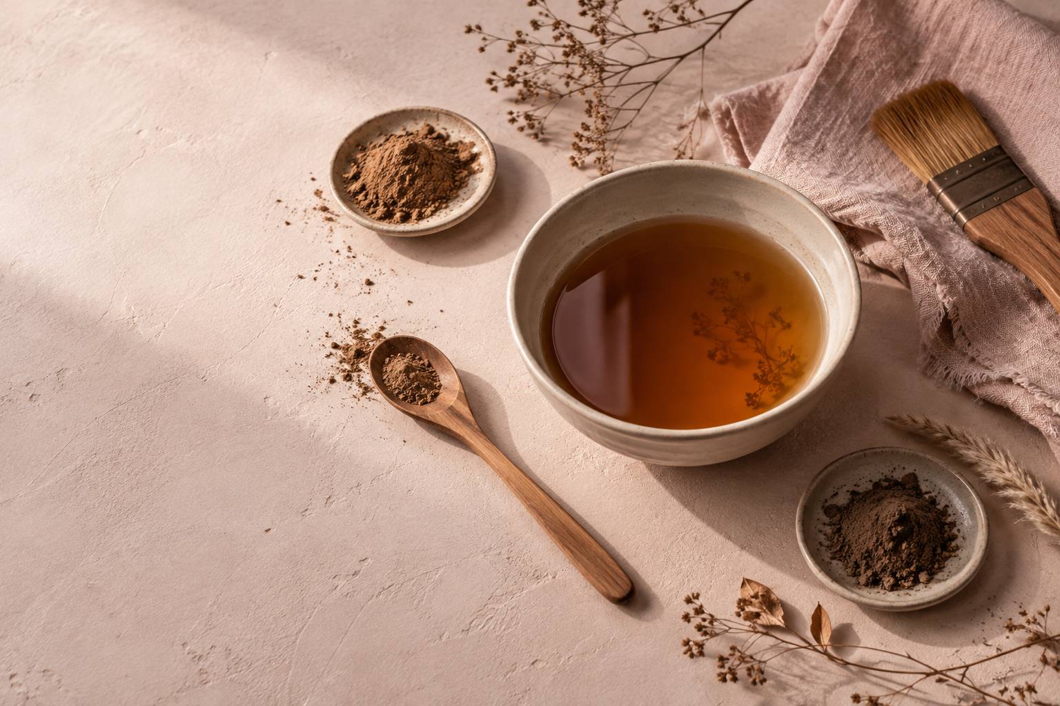 Bol d'eau teintee brun ambre et pinceau sur un linge en lin