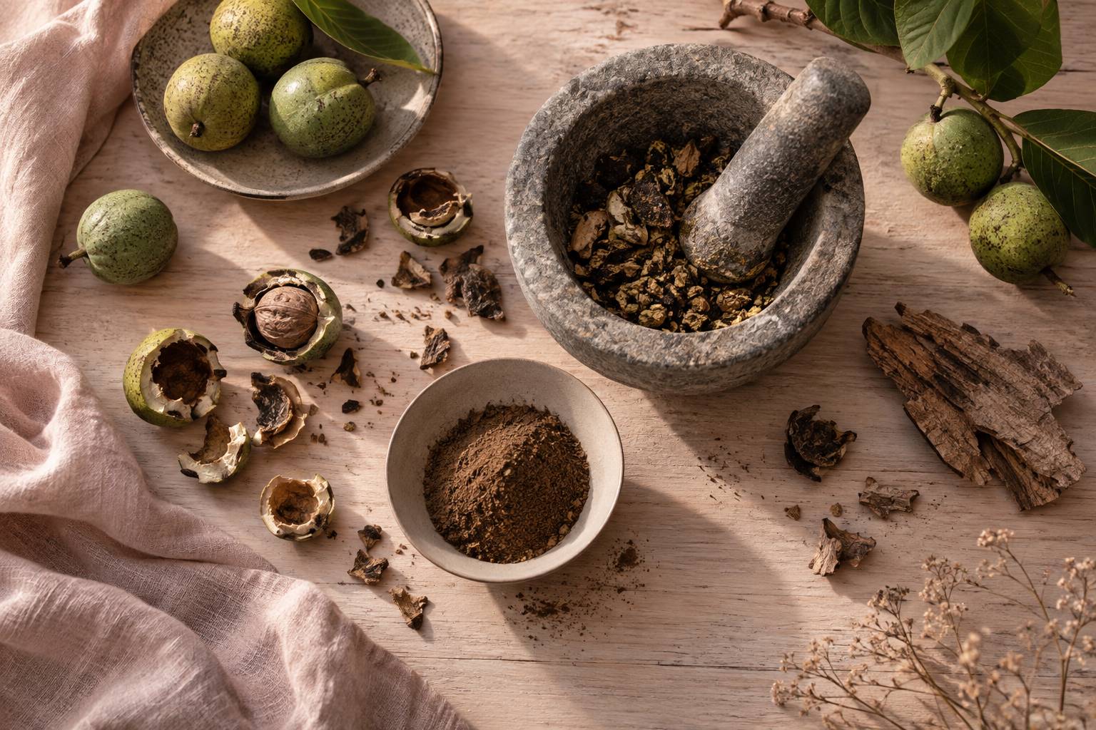 Noix vertes, mortier en pierre et poudre brune de brou de noix