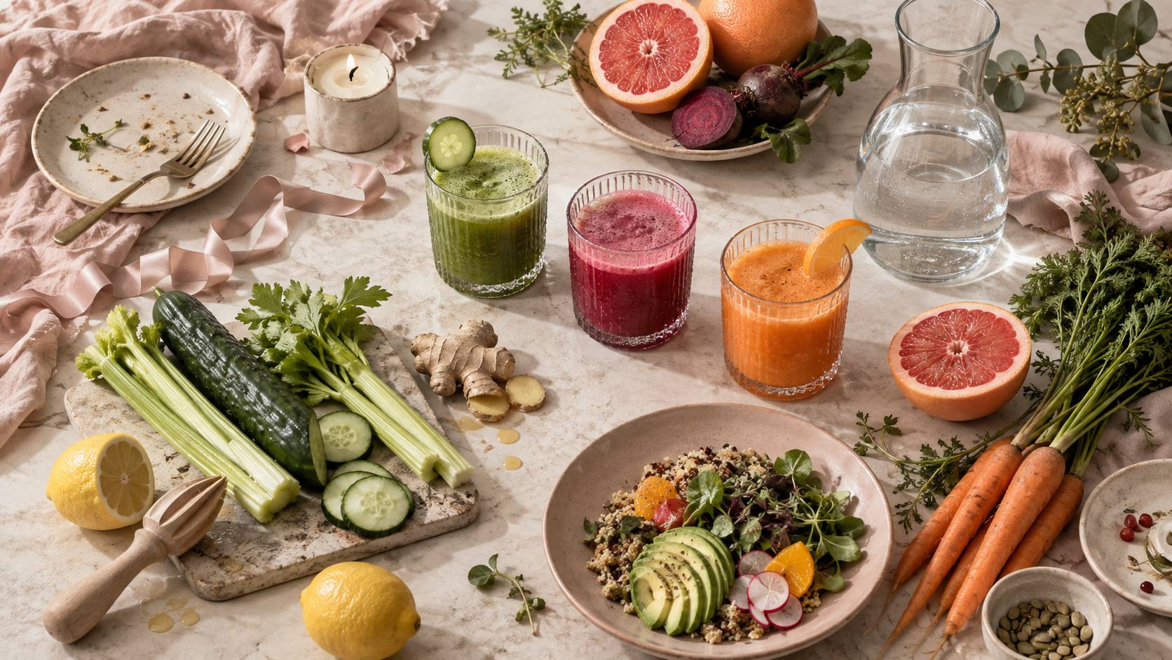 Illustration éditoriale du sujet : Recettes de jus détox pour retrouver légèreté après les fêtes