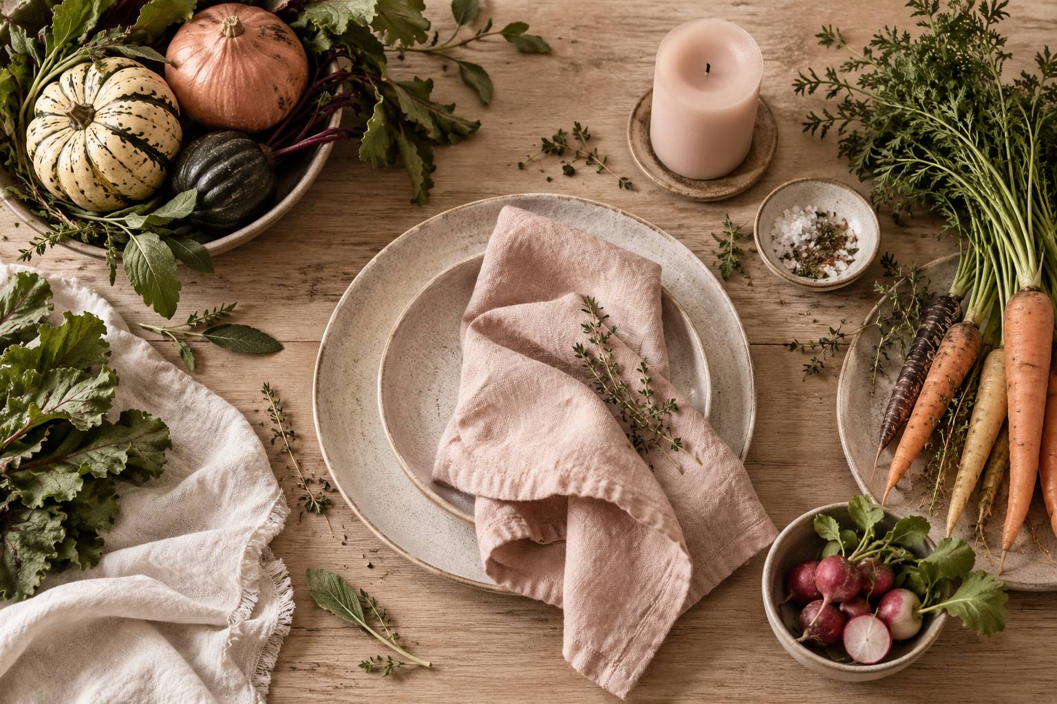 Legumes de saison et assiette en gres sur une table dressee avec soin