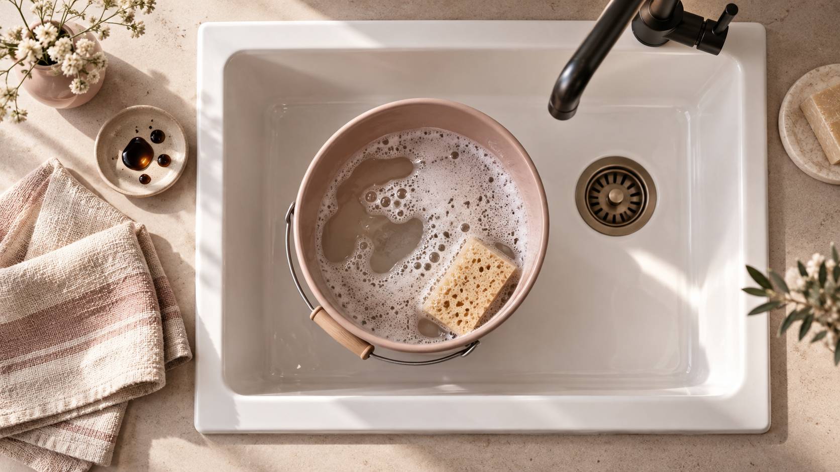 Évier en céramique avec seau d'eau savonneuse, éponge et torchon plié