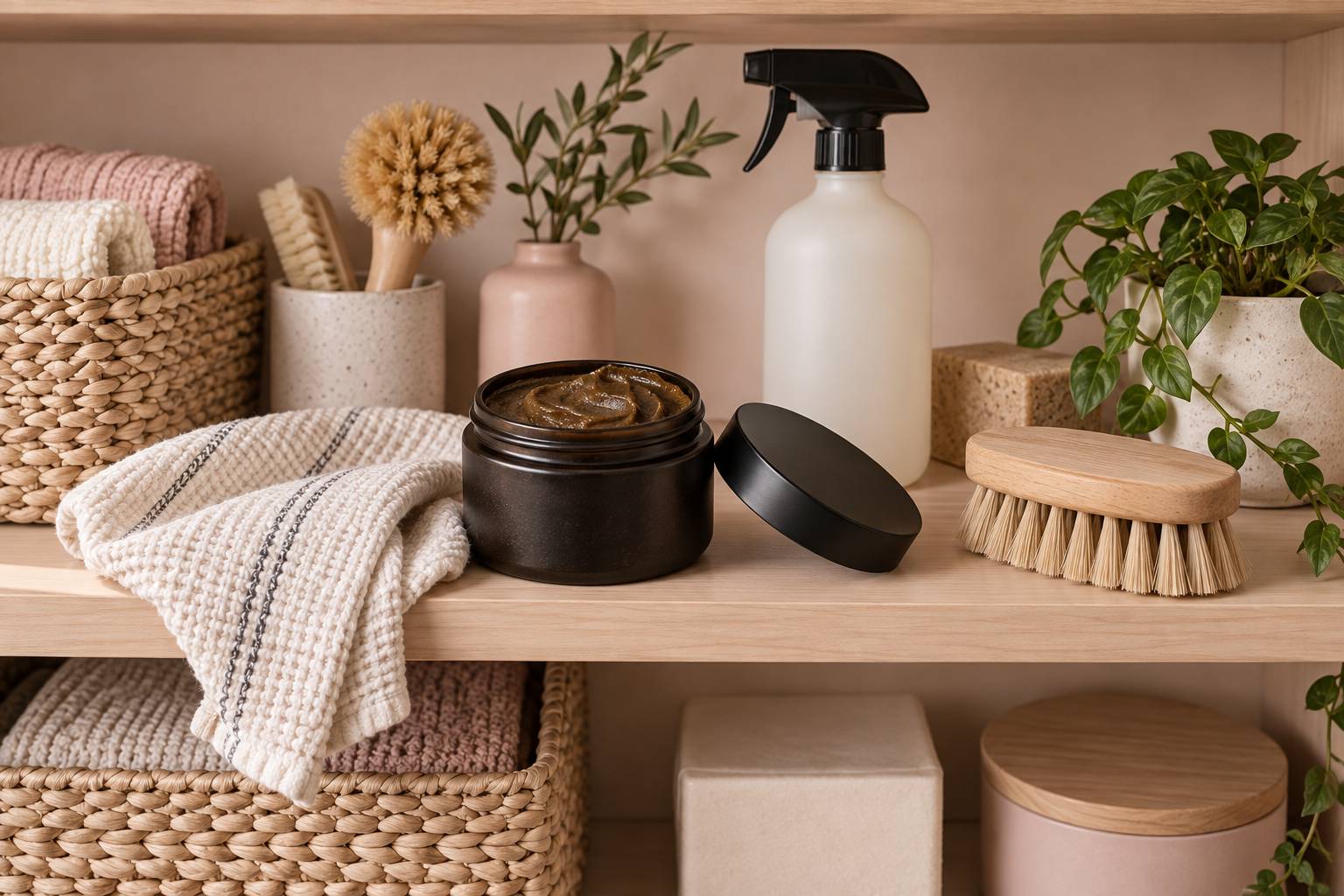 Pot de savon noir ouvert avec chiffon en coton et brosse en bois