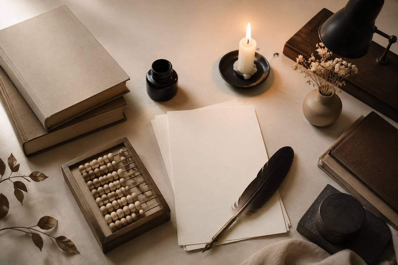 Vieux livres, plume, encrier et abaque en bois sous une lumière chaude