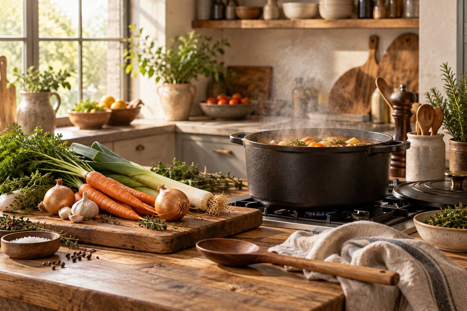Casserole en fonte et legumes frais dans une cuisine chaleureuse