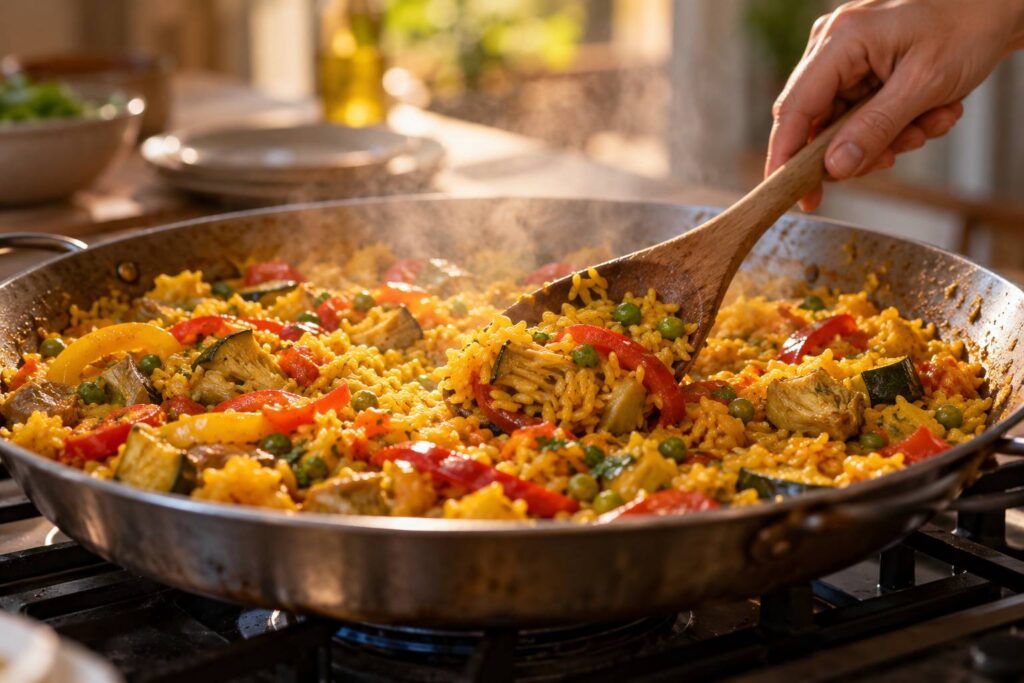 Illustration de détail sur le sujet : Cuisiner lentement une paella : le plaisir d’un repas de partage préparé sans hâte