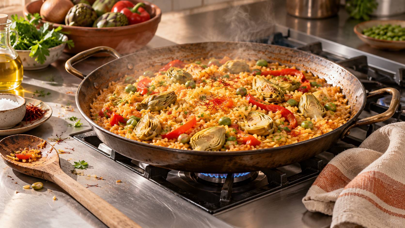 Grande poêle sur brûleur à gaz avec riz, légumes coupés et filaments de safran
