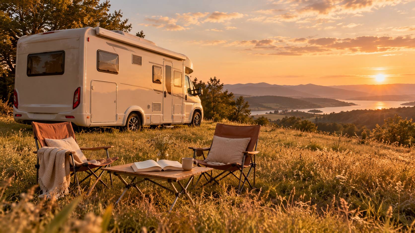 Camping-car dans une prairie au coucher du soleil avec chaises pliantes et livre ouvert